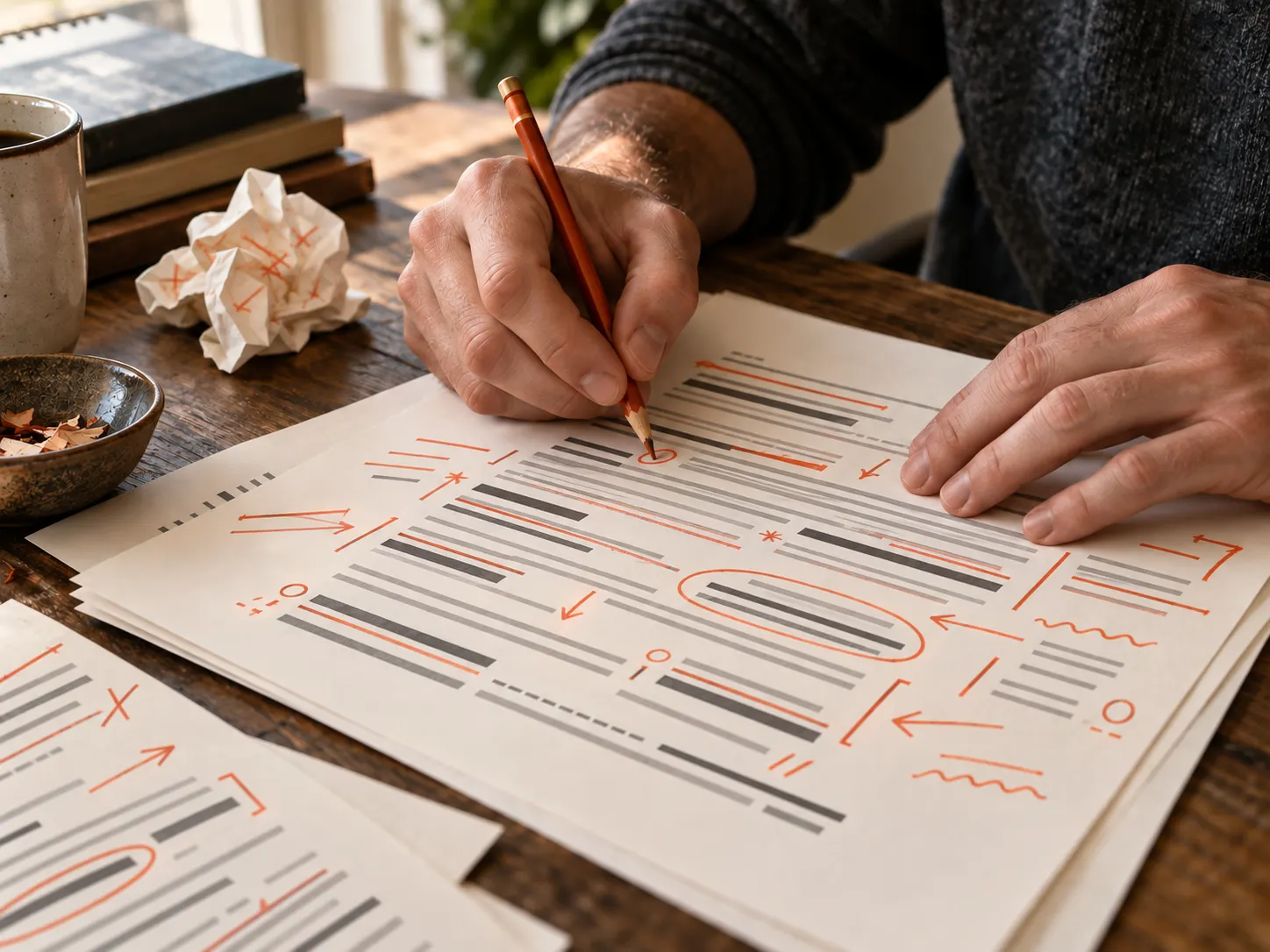 A business owner editing printed sales copy with an orange pencil.