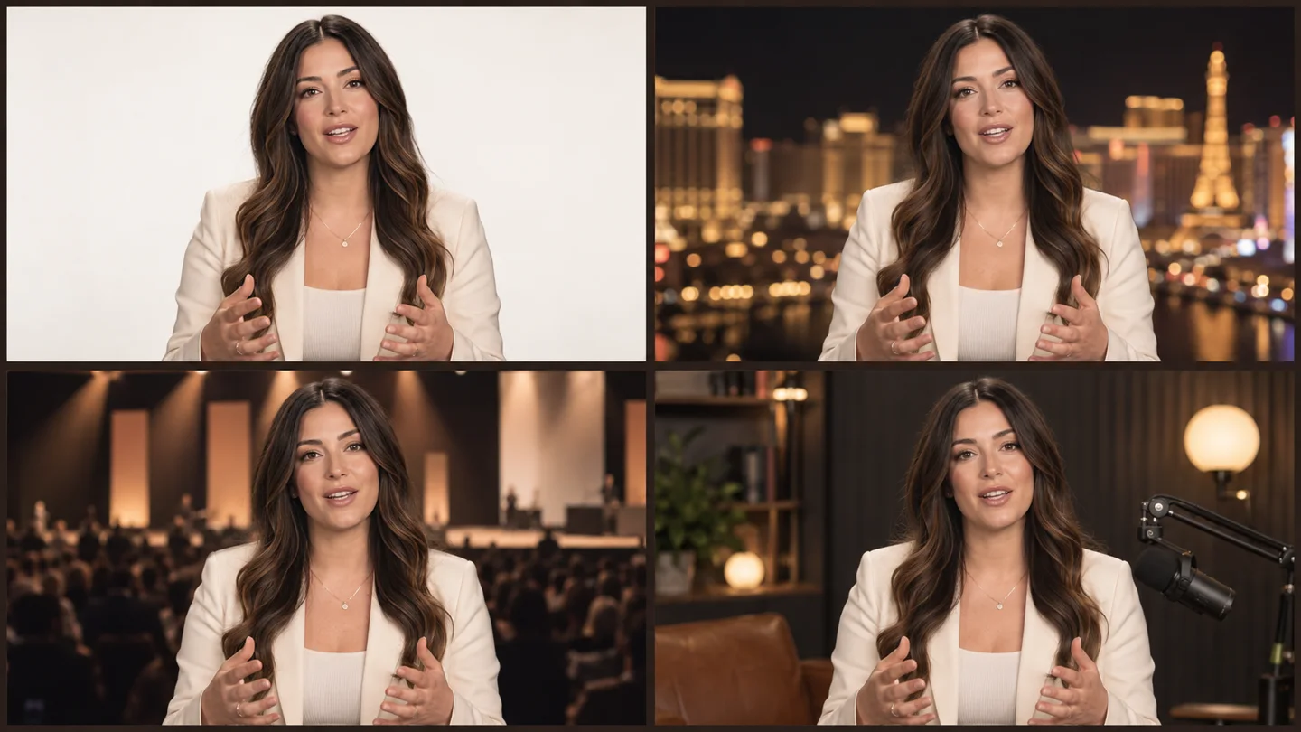 The same presenter preserved across a white studio, Las Vegas street, keynote stage, and podcast set.